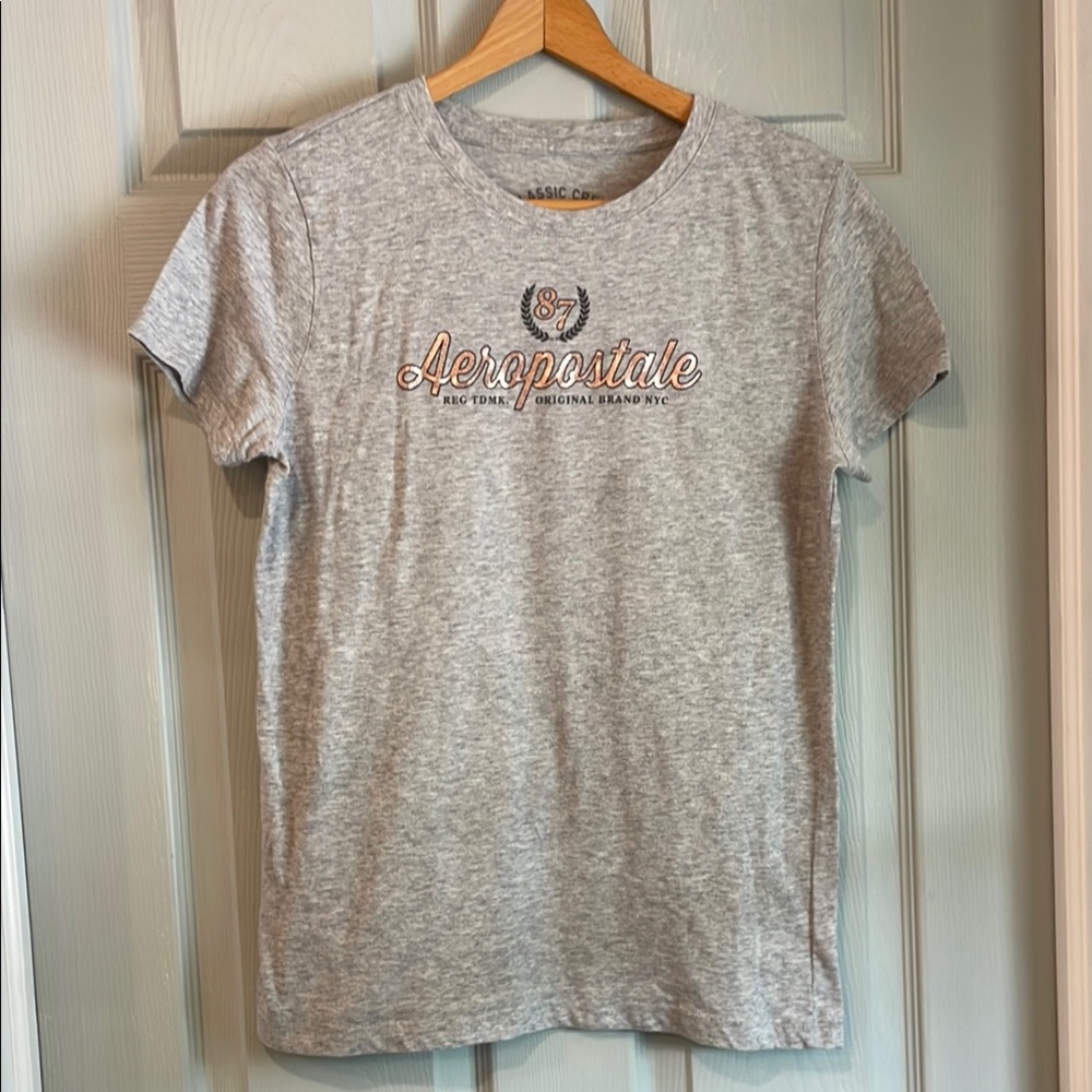 Aeropostale Juniors XL Gray Rose Gold Lettering Short Sleeve Classic Crew Tee